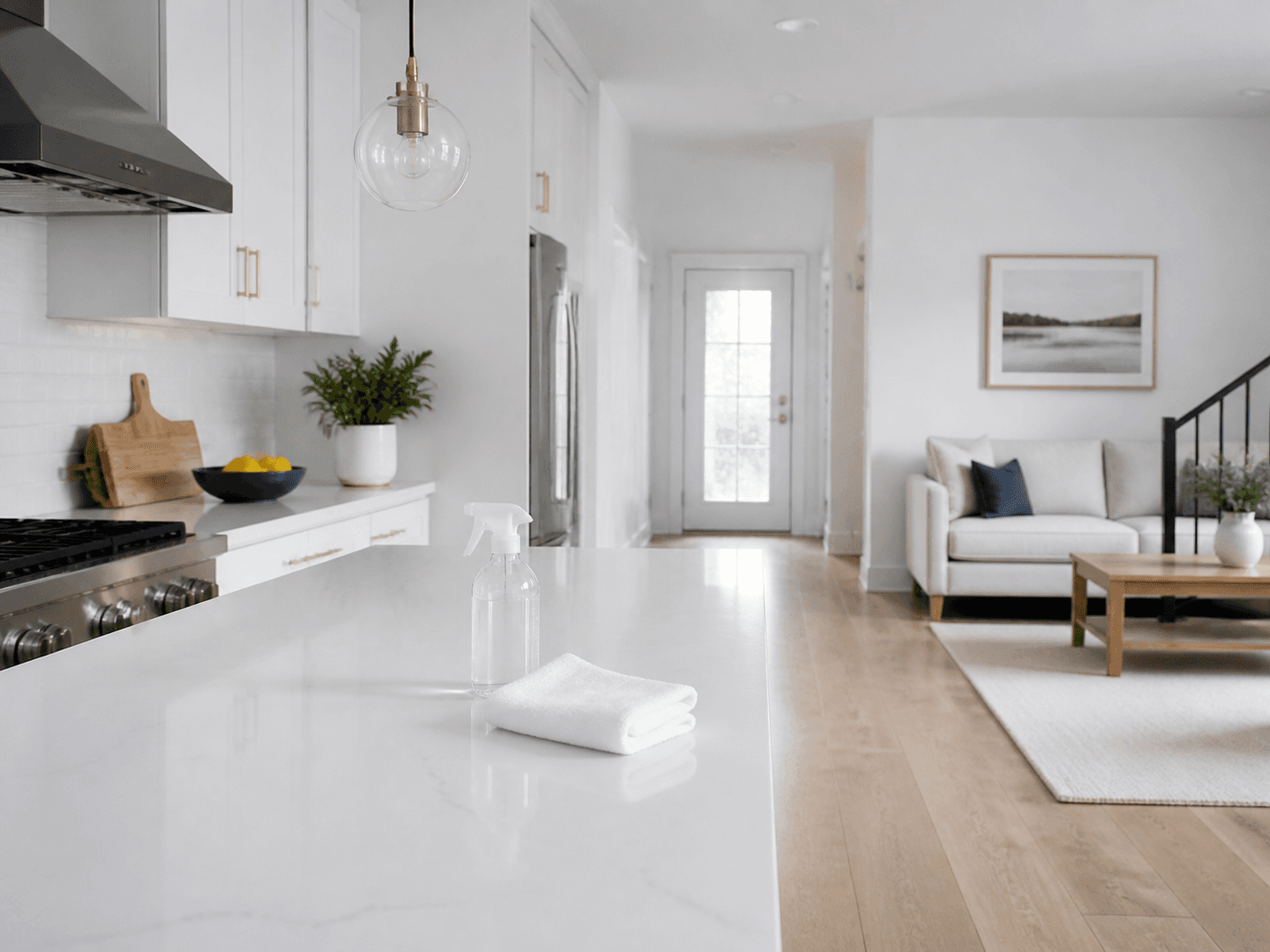 Freshly cleaned white kitchen and living area